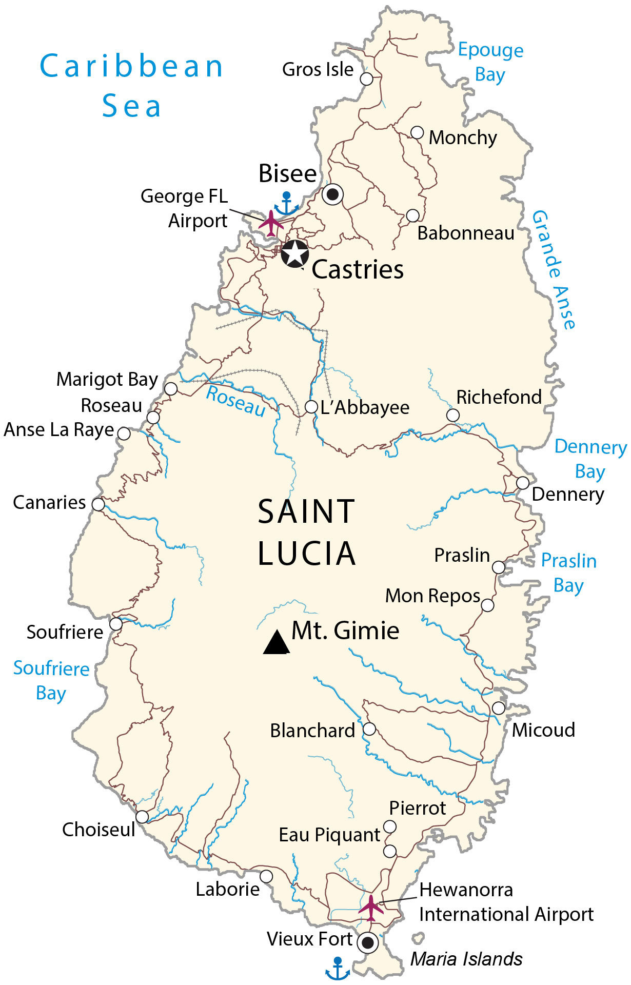 Saint Lucia Map And Satellite Image - Gis Geography inside Map Of St Lucia Beaches