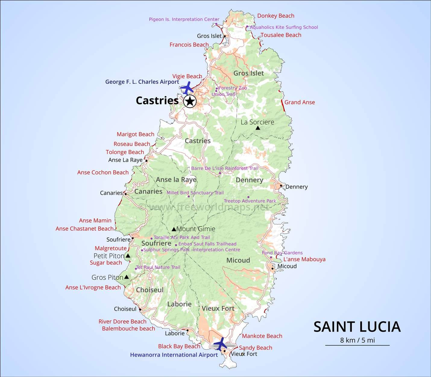 Saint Lucia Map, Geographical Features Of Saint Lucia Of The for Beaches in St Lucia Map
