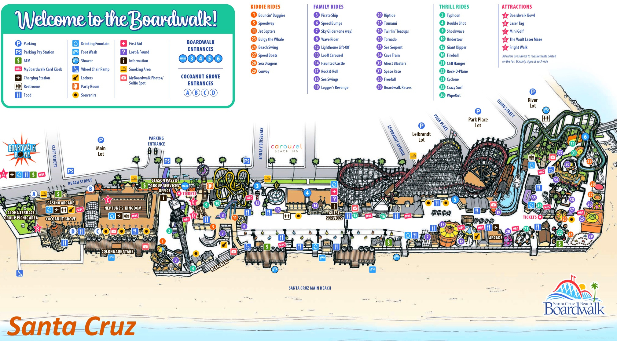 Santa Cruz Beach Boardwalk Attractions Map | California pertaining to Santa Cruz Beach Boardwalk Map