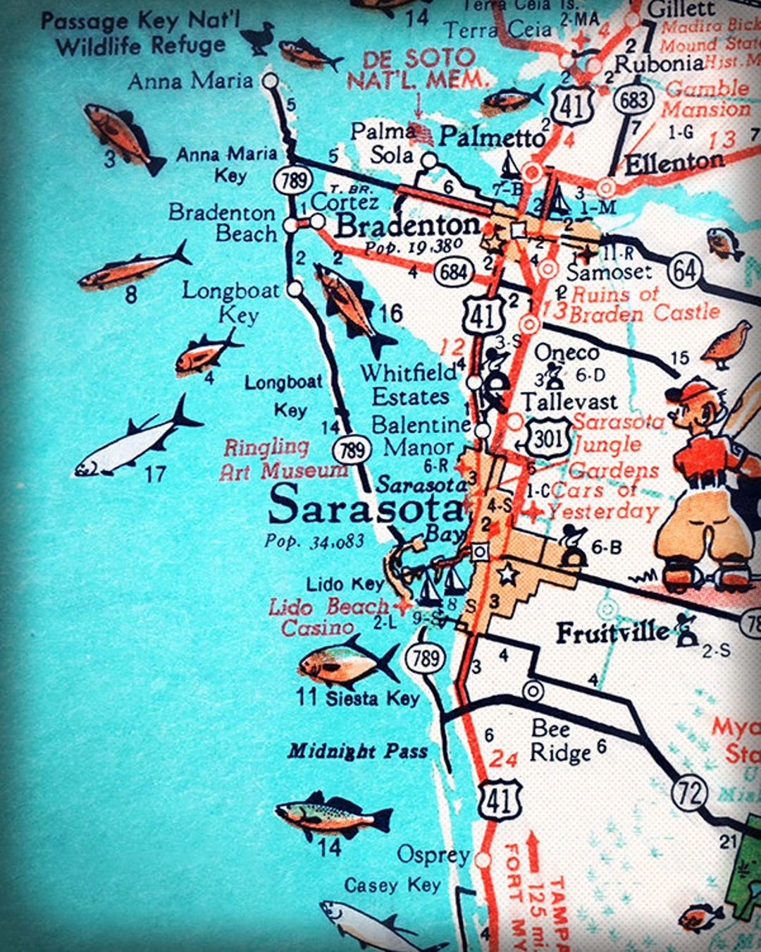 Sarasota Bradenton Retro Beach Map Print Funky Vintage Turquoise Photo Of Florida West Coast - Etsy.de in Map Of Beaches On The West Coast Of Florida