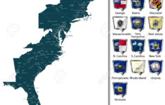 Set Ostküste Der Vereinigten Staaten Mit Flaggen Und Karte in Map Of Us East Coast Beaches