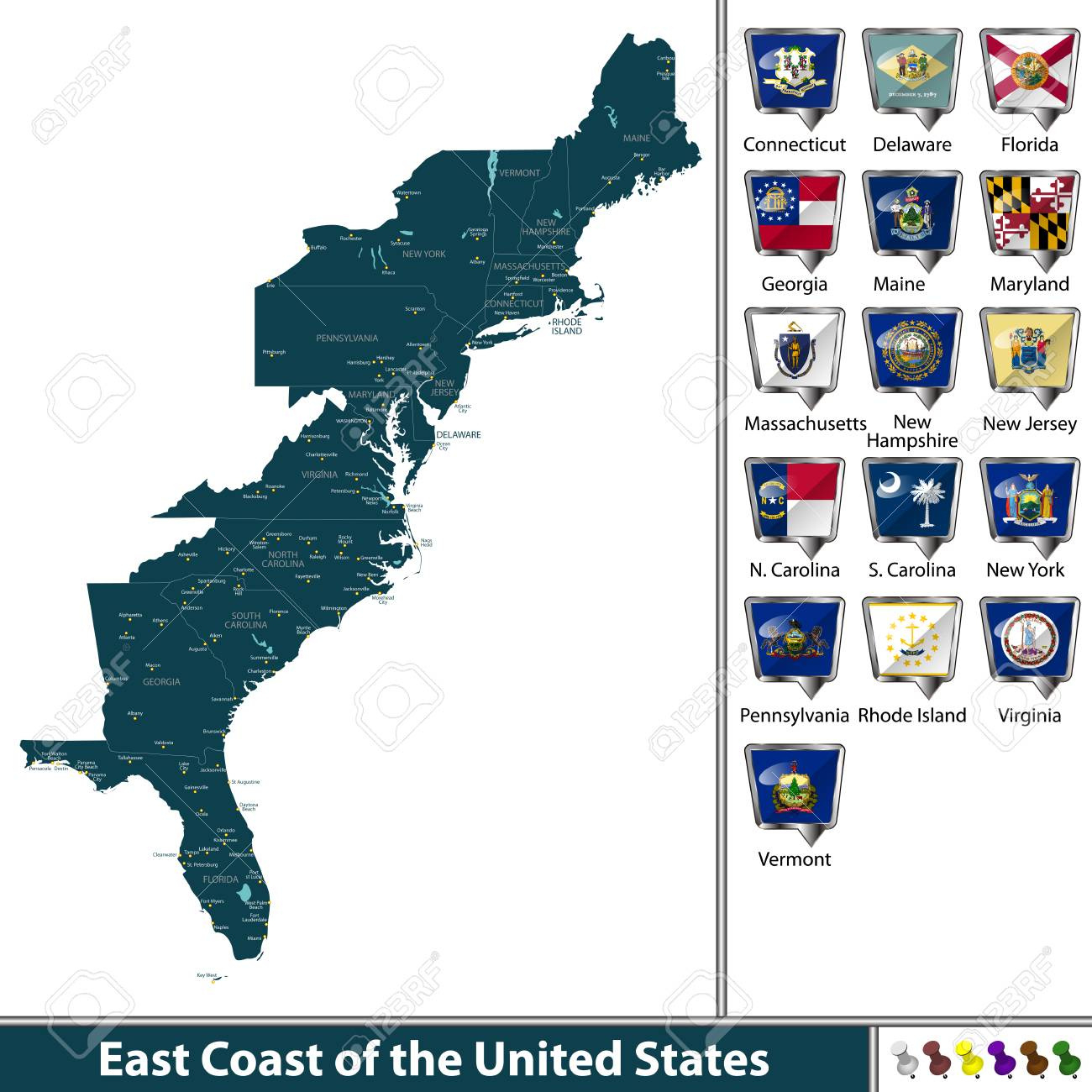 Set Ostküste Der Vereinigten Staaten Mit Flaggen Und Karte in Map Of Us East Coast Beaches