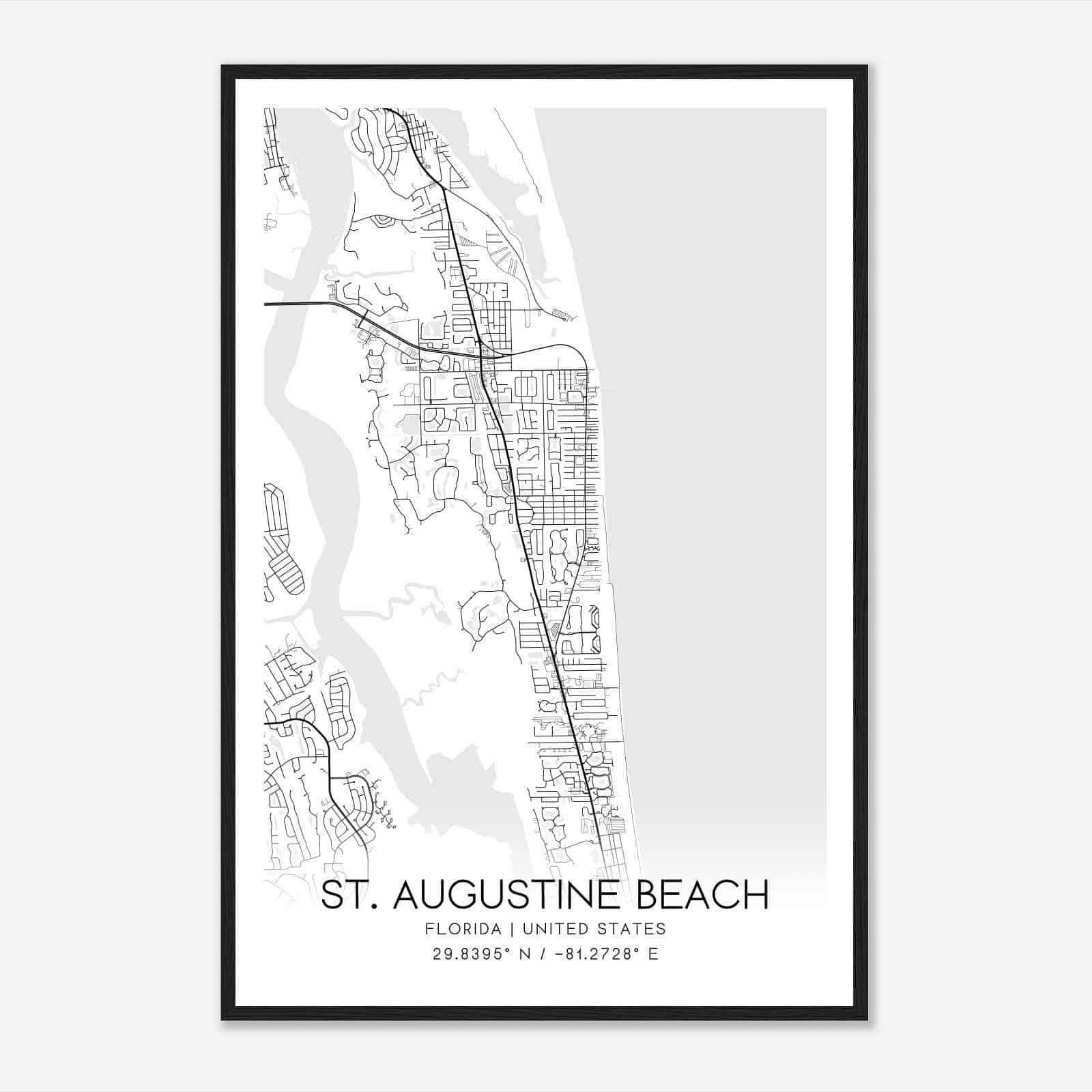 St. Augustine Beach Florida Map Poster, Modern Home Decor Wall Art Print - Custom Maps &amp;amp; Posters throughout Map of St Augustine Beach