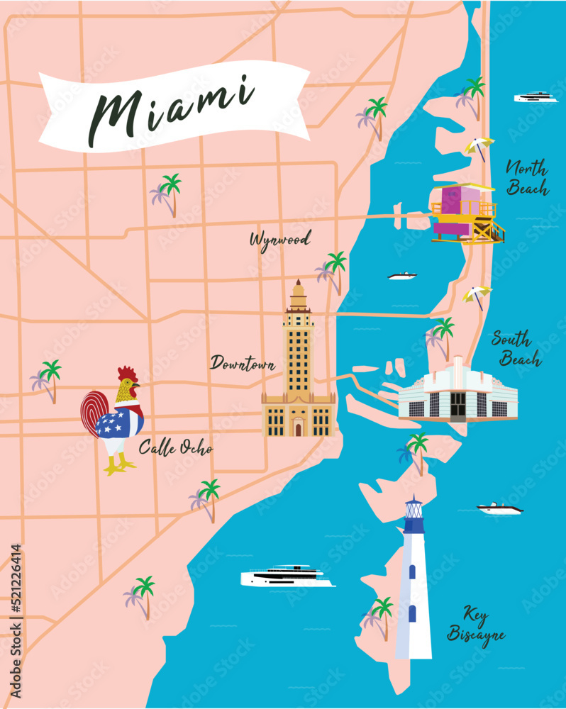 Stock-Vektorgrafik „Miami Map Vector, Miami Travel Map, Miami for Miami And Miami Beach Map