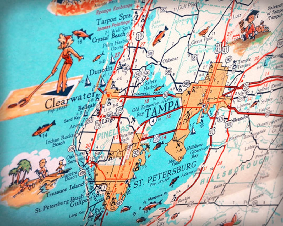 Tampa Clearwater St Petersburg Beach Retro Beach Map Print Funky within Map of St Petersburg Beach Florida