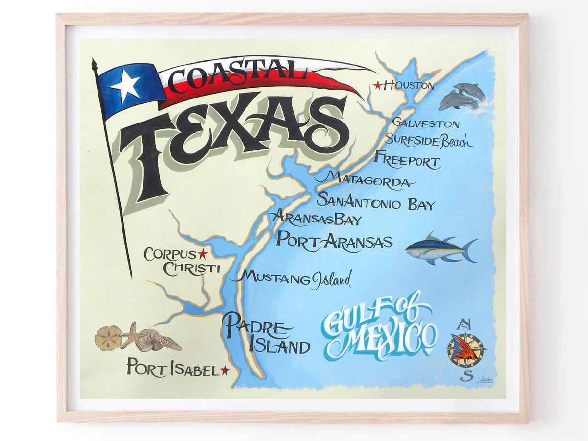 Texas Coastal Beach Map Poster Decor Print Vintage Style Sign Lone in Map of Texas Gulf Beaches