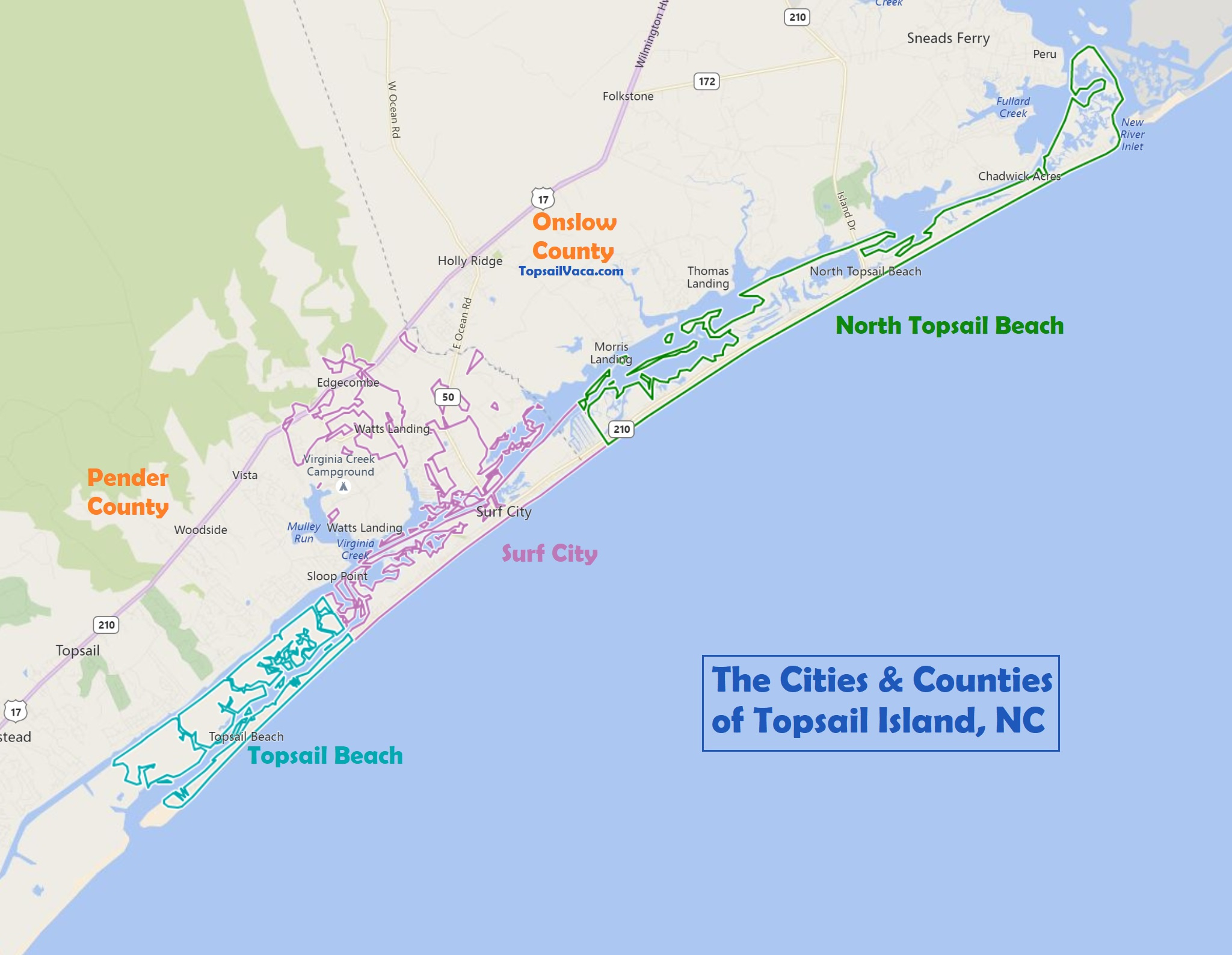 Topsail Beach Vs Surf City Vs North Topsail - The Difference with Map of Topsail Beach Nc
