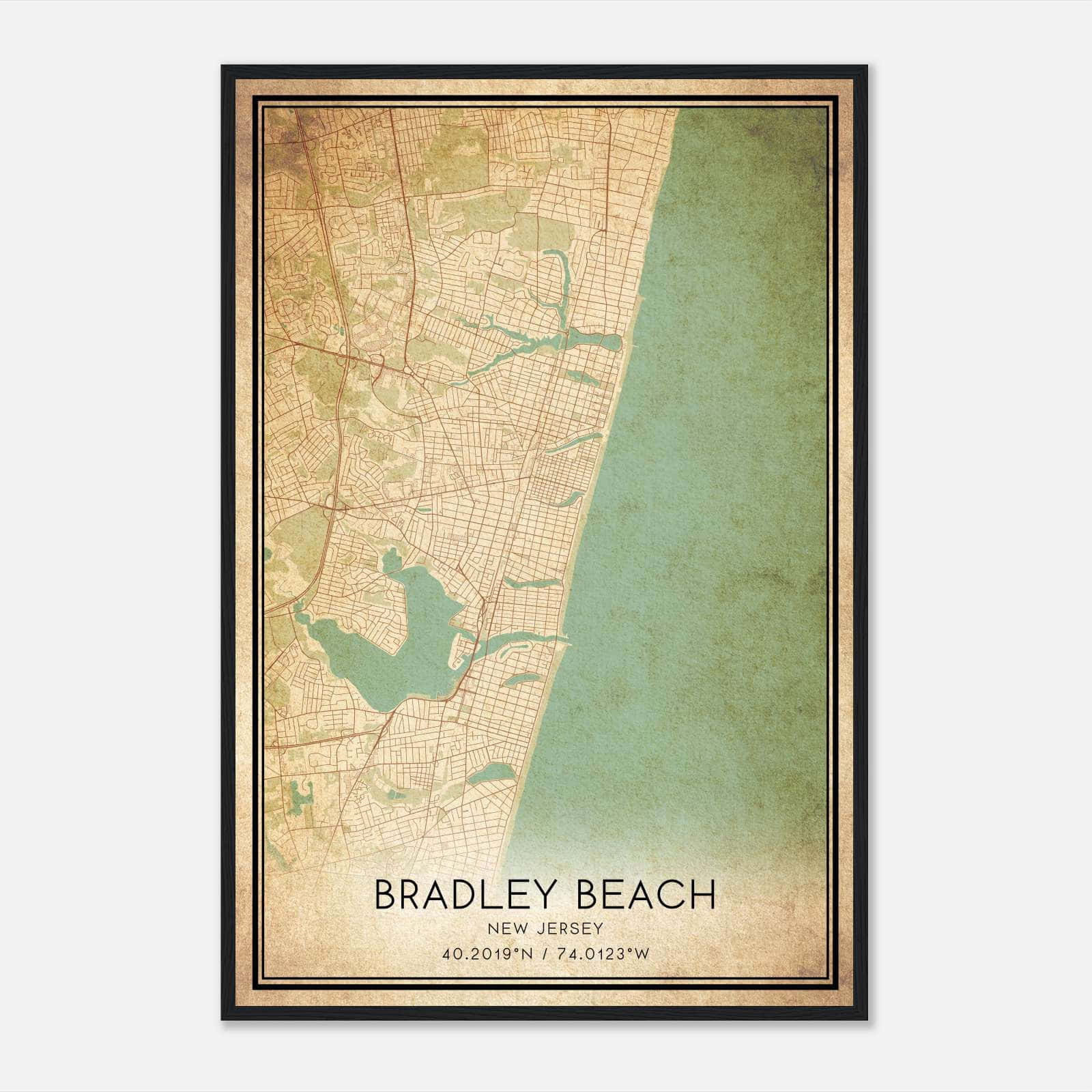 Vintage Bradley Beach New Jersey Map Poster, Bradley Beach Nj City Road Wall Art Print - Custom Maps & Posters within Map Of Bradley Beach Nj