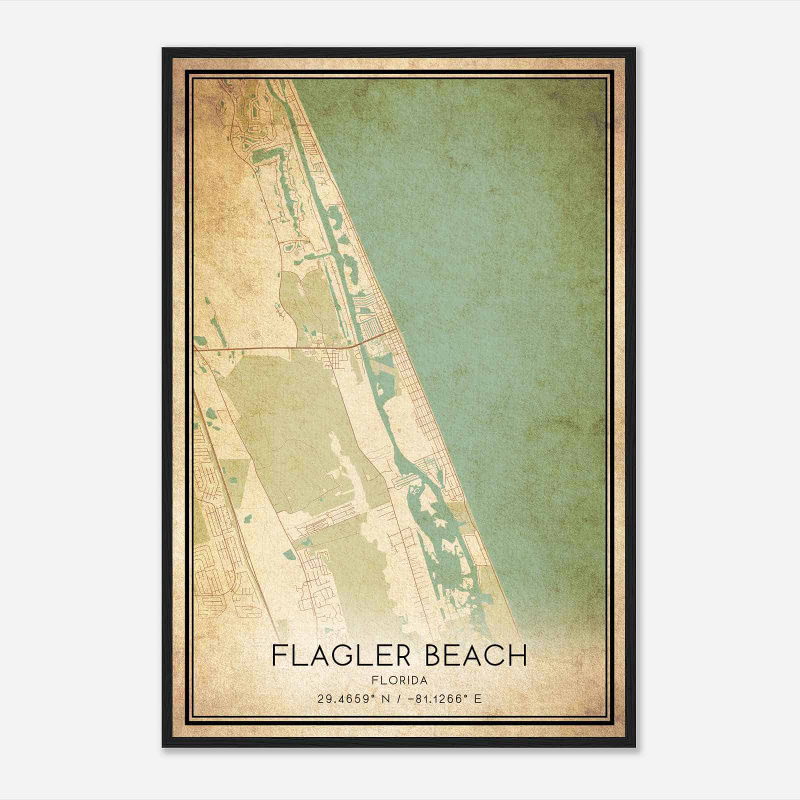 Vintage Flagler Beach Florida Map Poster, Modern Home Decor Wall Art Print - Custom Maps &amp;amp; Posters intended for Map of Florida Flagler Beach