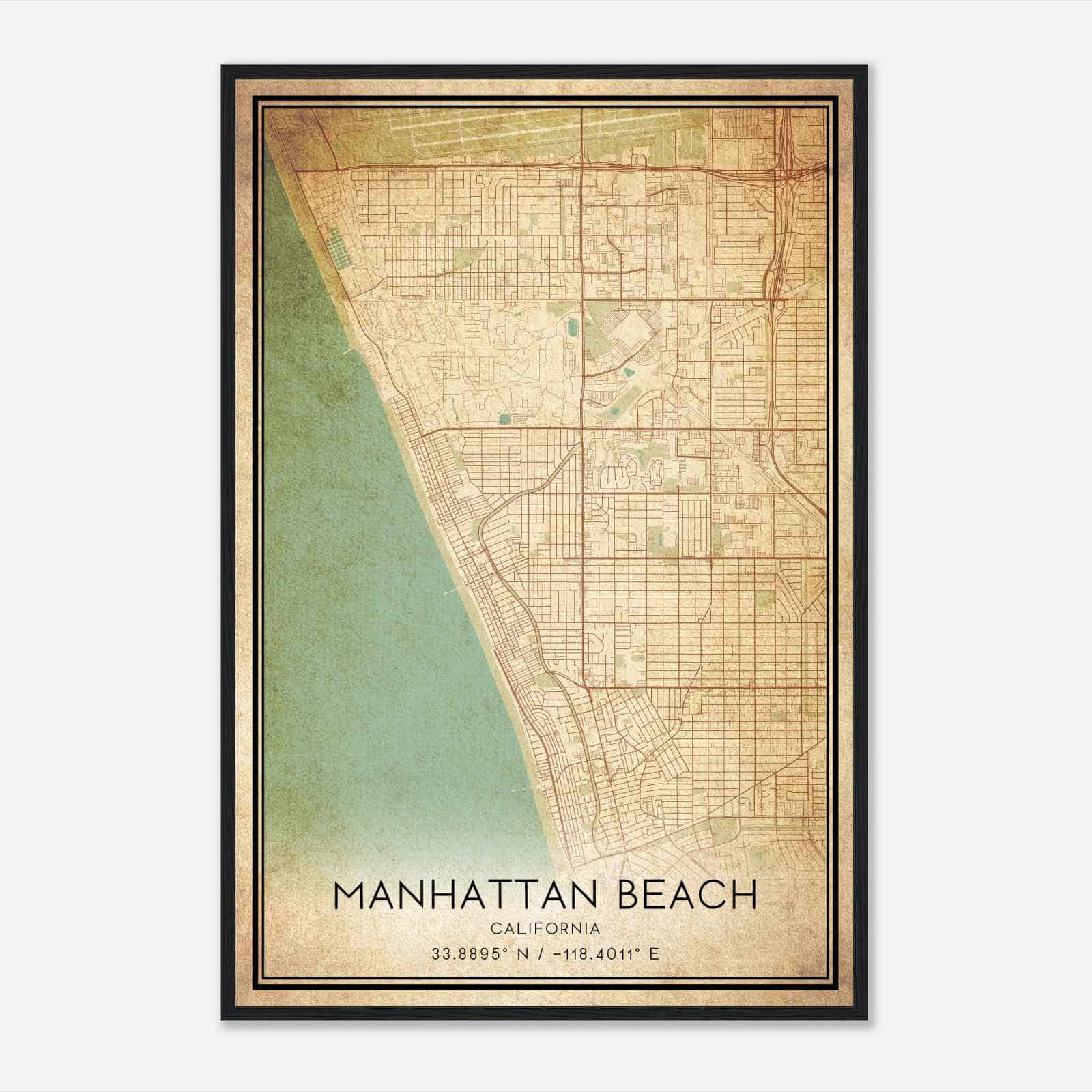 Vintage Manhattan Beach California Map Poster, Modern Home Decor Wall Art Print - Custom Maps &amp;amp; Posters regarding Map of Manhattan Beach California