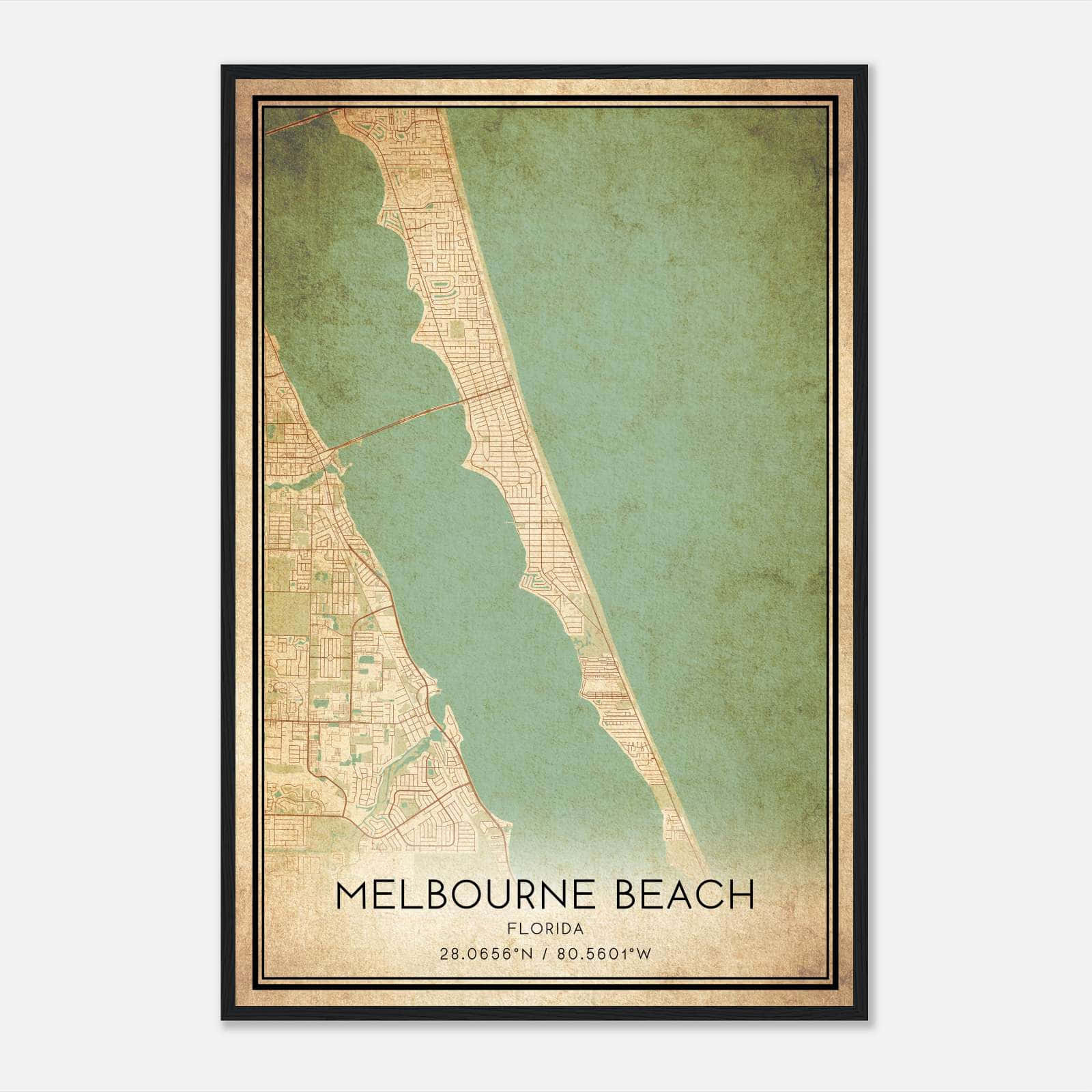Vintage Melbourne Beach Florida Map Poster, Melbourne Beach Fl City Road Wall Art Print - Custom Maps &amp;amp; Posters inside Map of Melbourne Beach Fl