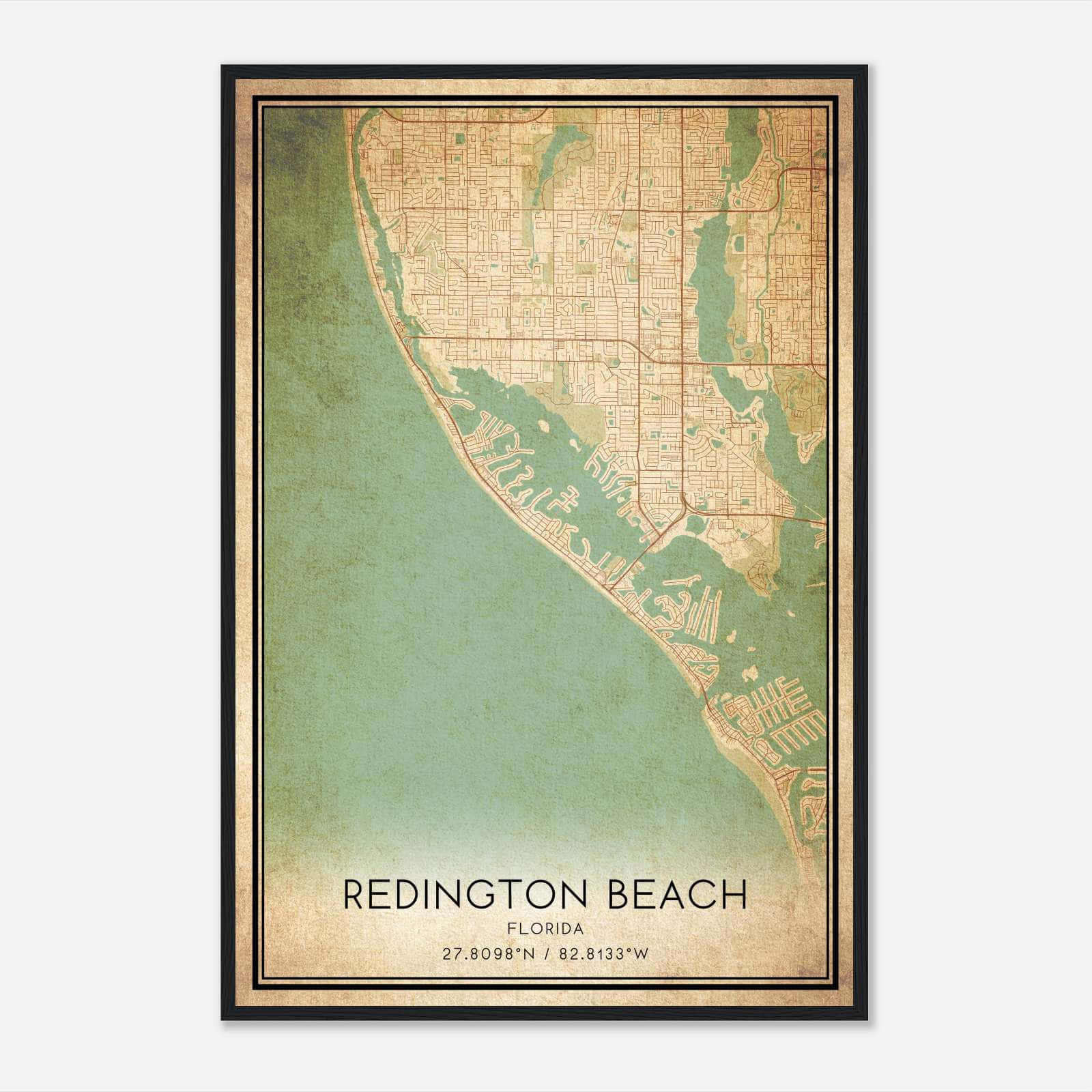 Vintage Redington Beach Florida Map Poster, Redington Beach Fl City Road Wall Art Print - Custom Maps &amp;amp; Posters throughout Map Of Redington Beach Florida