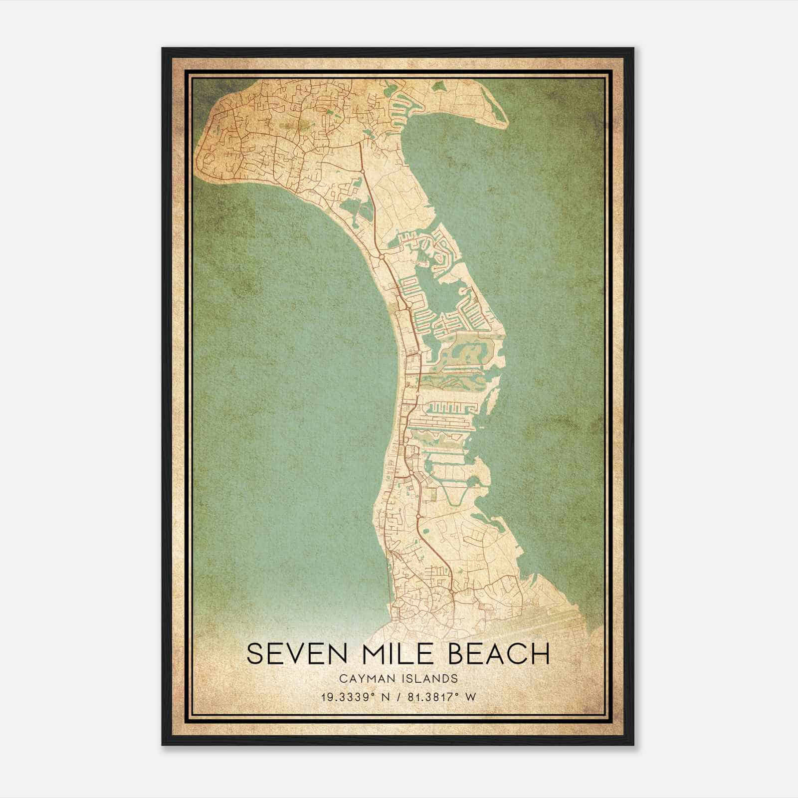 Vintage Seven Mile Beach Cayman Islands Map Poster, Seven Mile Beach City Road Wall Art Print - Custom Maps &amp;amp; Posters throughout Seven Mile Beach Cayman Islands Map