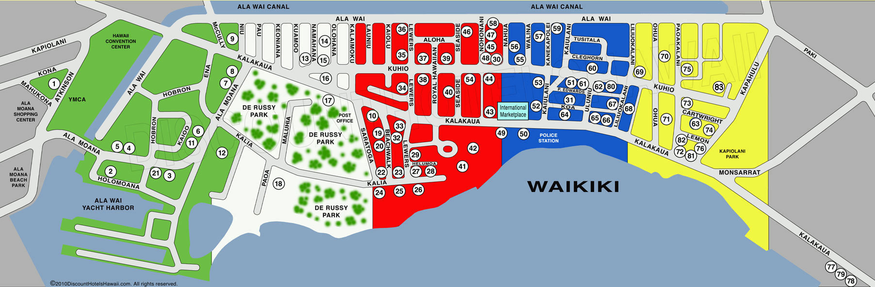 Waikiki Map With Hotels And Condos From $75 (808)394-2112. pertaining to Map Of Hotels On Waikiki Beach Hawaii