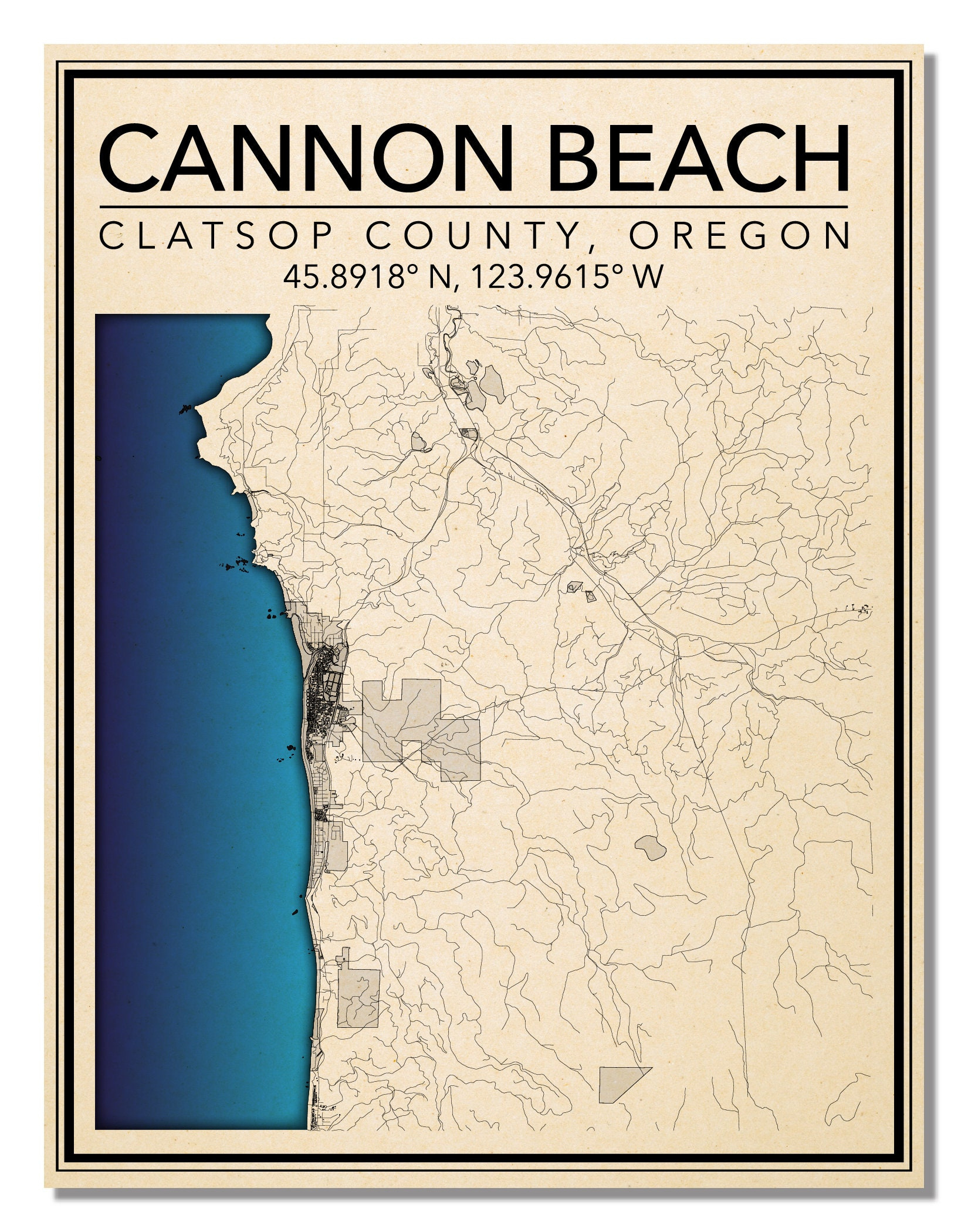 Wall Art Map Print Of Cannon Beach, Clatsop County, Oregon, United intended for Map of Cannon Beach Or