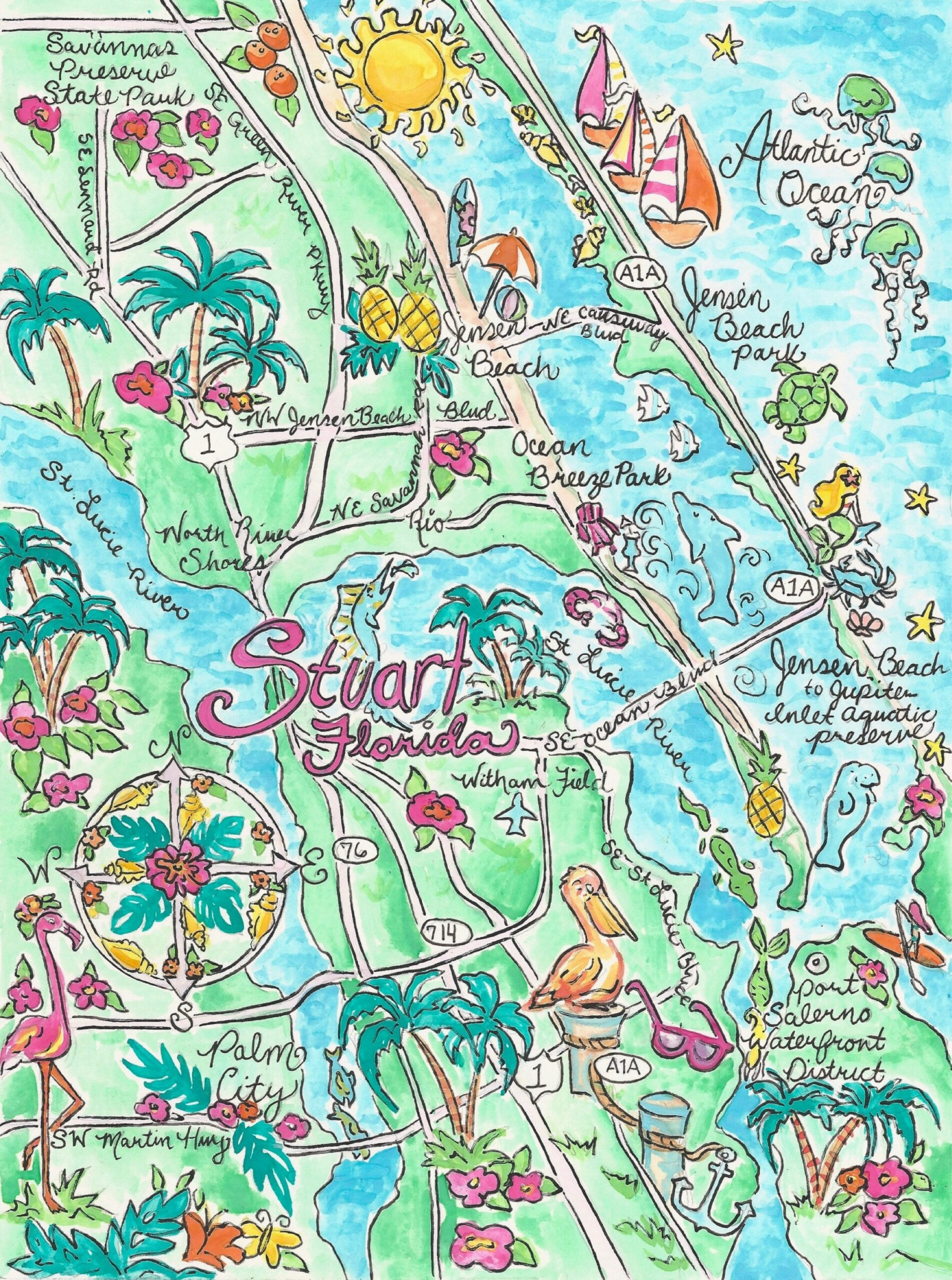 Watercolor Map Of Stuart, Florida - Etsy regarding Map Of Stuart Beach Florida