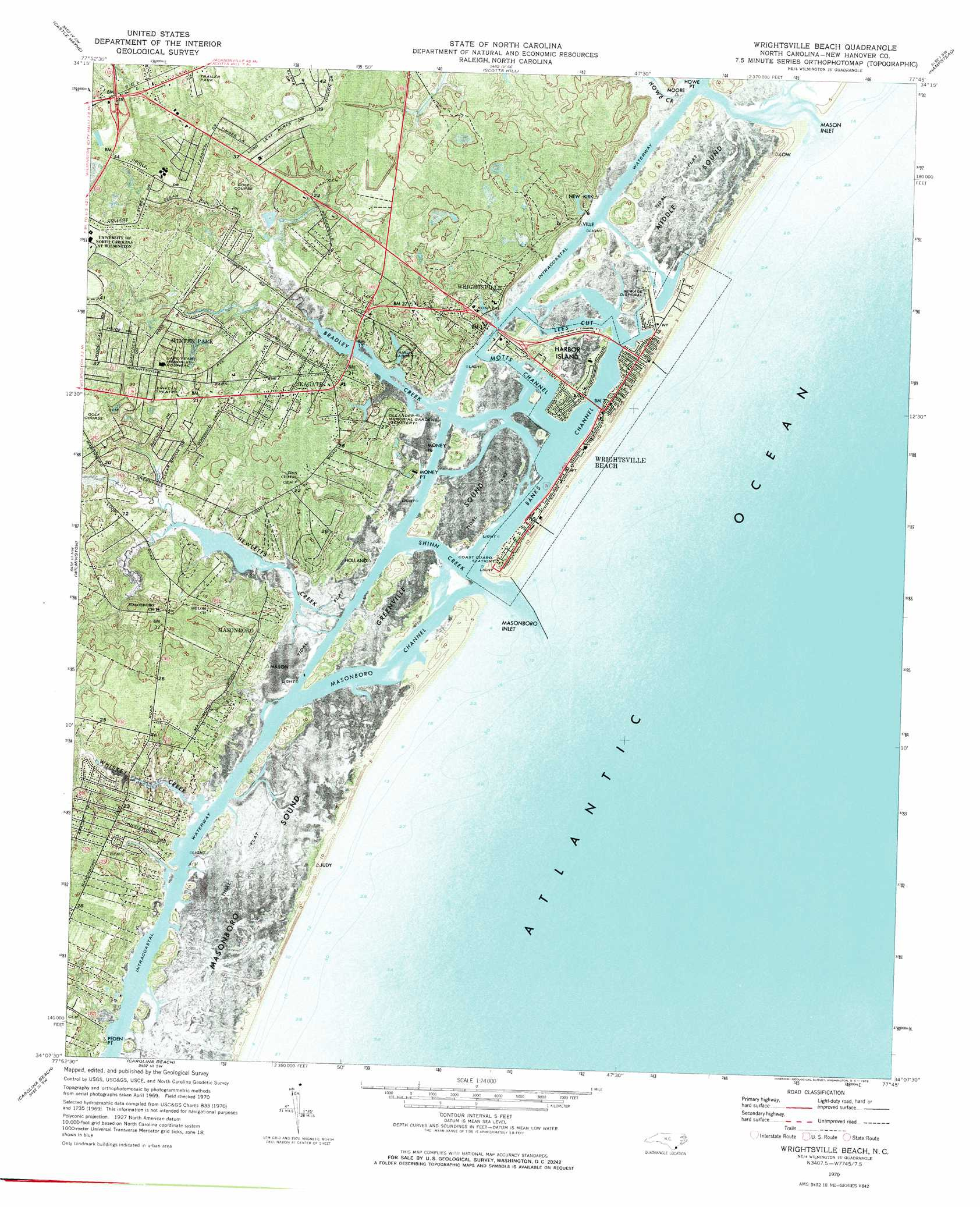 Wrightsville Beach Topographic Map 1:24,000 Scale, North Carolina inside Map of Wrightsville Beach North Carolina